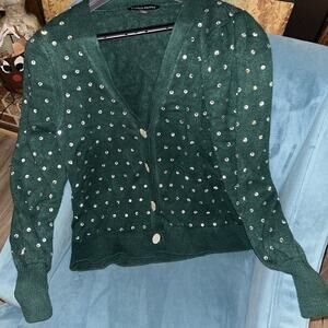 Boston Proper Cardigan Sweater Jeweled Emerald Green Women's size Large E5